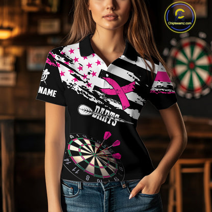 Personalized US Flag Pink Ribbon Darts Shirt For Women Custom Breast Cancer Awareness Darts Jersey TDM4493