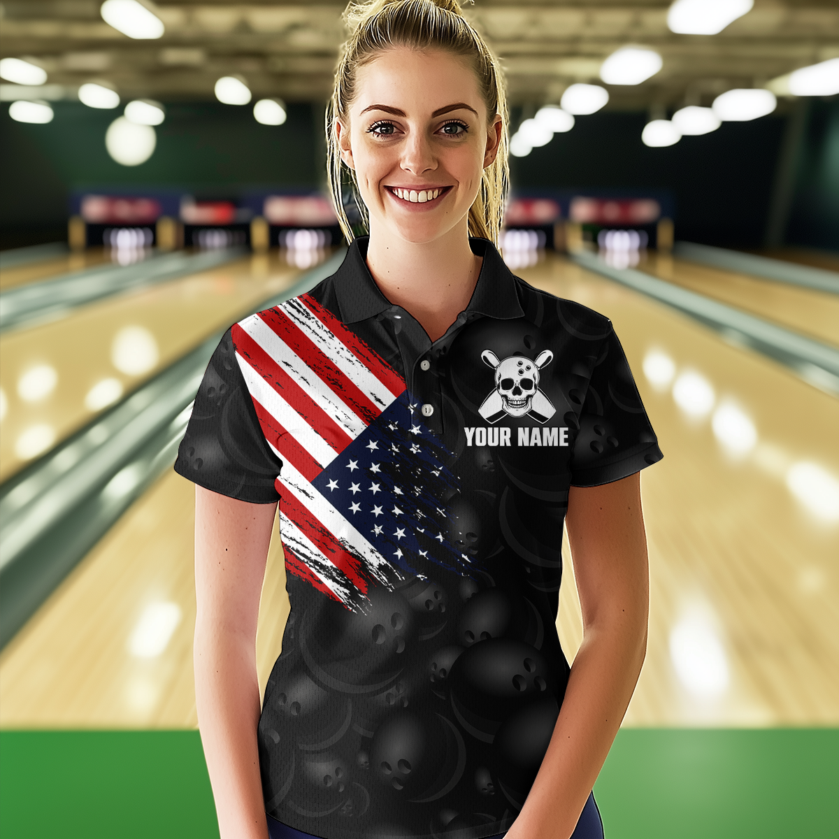Skull US Flag Bowling Shirt for Women Personalized Patriotic Bowling Team Jersey Shirts Polo & Quarter-Zip HNT31