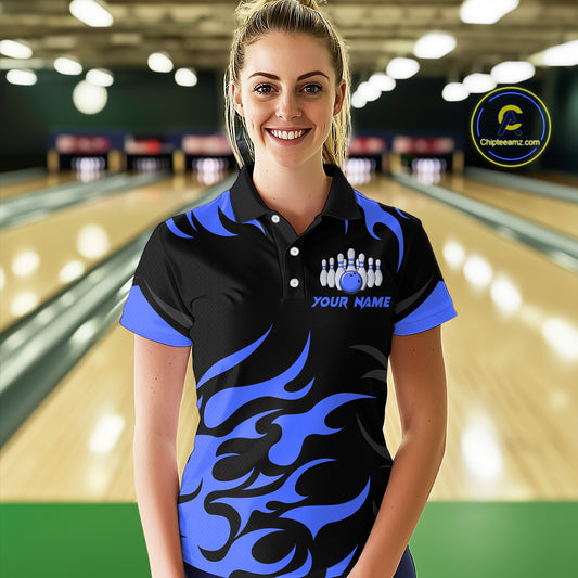 Black and Blue Flame Bowling shirts for Women Custom team bowling jerseys, ladies bowling apparel NQS10267