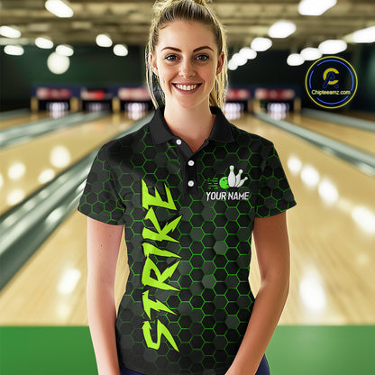 Custom Strike Green Bowling Women Bowling Shirt Polo & Quarter-Zip Bowling Team Jerseys HNT79