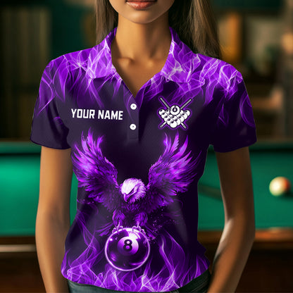 Personalized Purple Eagle Flaming 8 Ball Pool Bliiard Polo & 1/4 Zip, Billiard Shirt for Women, Billiard Team Jerseys NNT36