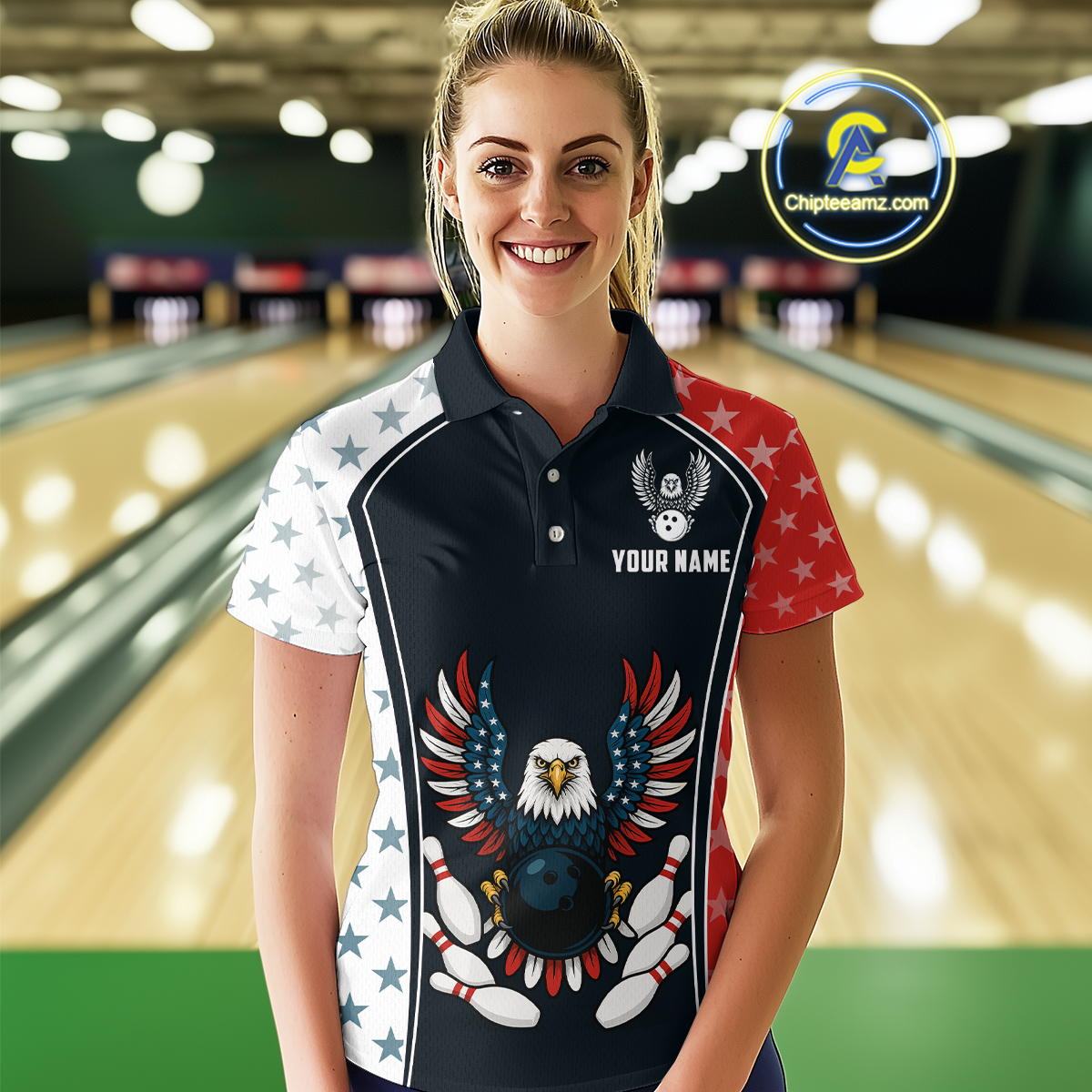 Eagel US Flag Bowling Custom Women Bowling Shirt Polo & Quarter-Zip Bowling Team Jerseys HNT57