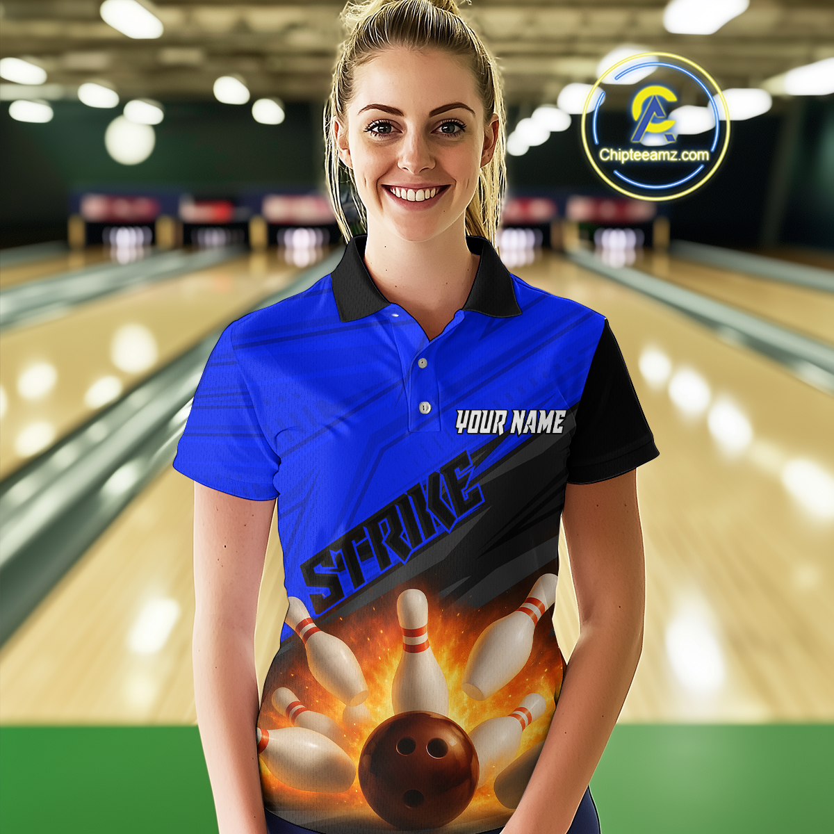 Custom Flaming Blue Bowling Shirts for Women Men Team Bowling Polo & Quarter Zip MBL99