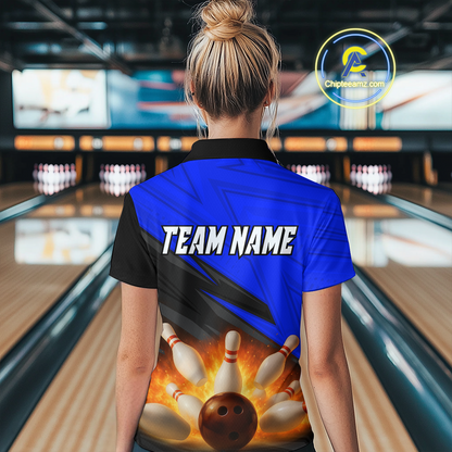 Custom Flaming Blue Bowling Shirts for Women Men Team Bowling Polo & Quarter Zip MBL99