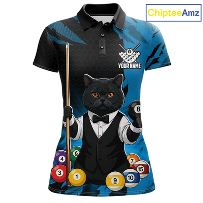 Custom Black Cat 8 Ball Pool Shirts Blue Billiard Shirt for Women Billiard Team Jersey Billiard Gift NNT181