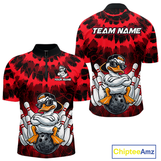 Custom Red Funny Duck Bowling Jersey for Men Bowling Uniform Polo & 1/4 Zip Bowling Team Shirts HNT238