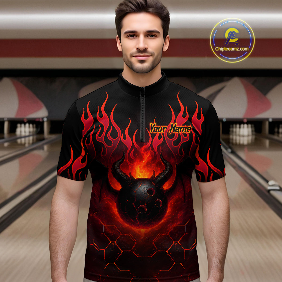 Red Flame Demon Bowling Ball Shirt for Men Custom Bowling Team Jersey QZT758