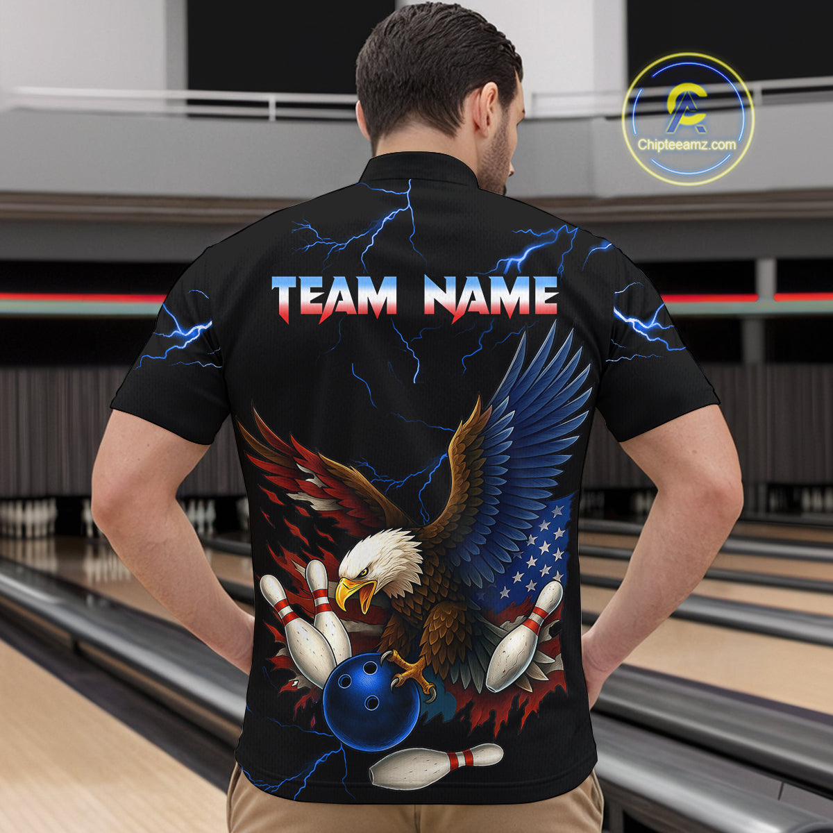 Blue Thunder US Flag Eagle Bowling Shirts for Men Team Bowling Polo & Quarter-Zip HNT96