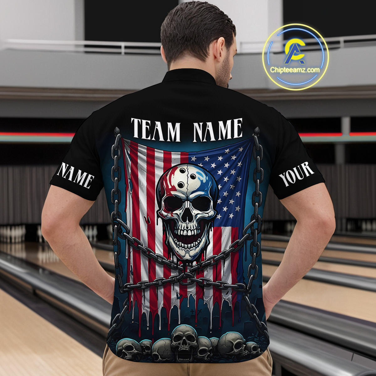 US Flag Skull Bowling Custom Men Bowling Shirt Polo & Quarter-Zip Bowling Team Shirts HNT74