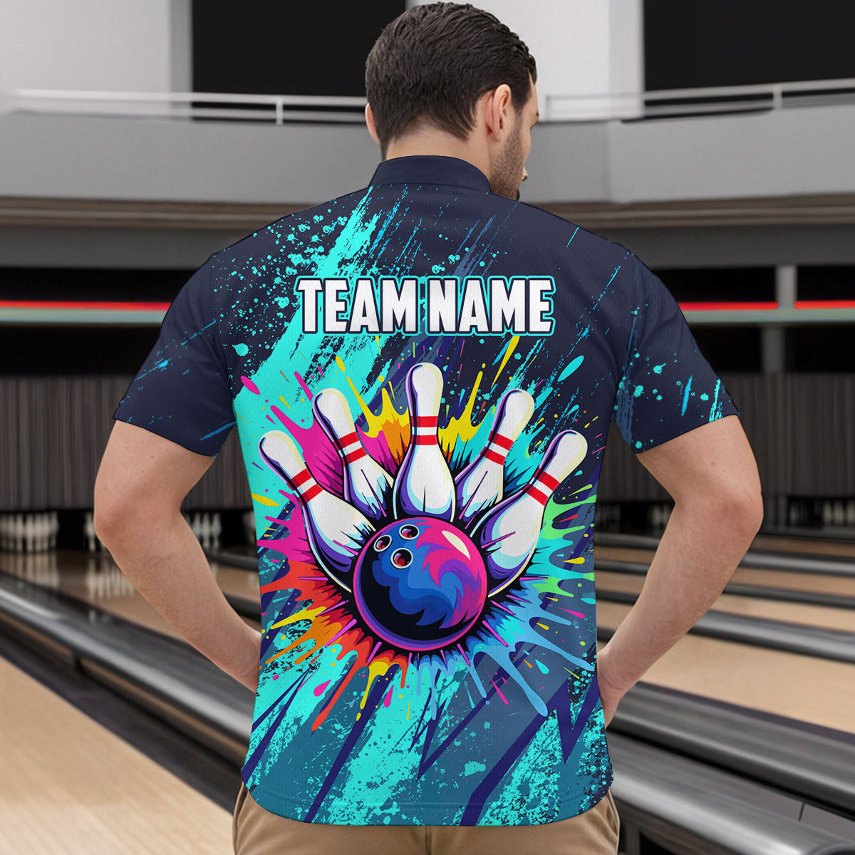 Custom Teal Bowling Shirt for Women Men Bowling Water Color Bowling Polo & 1/4 Zip Shirts MBL37