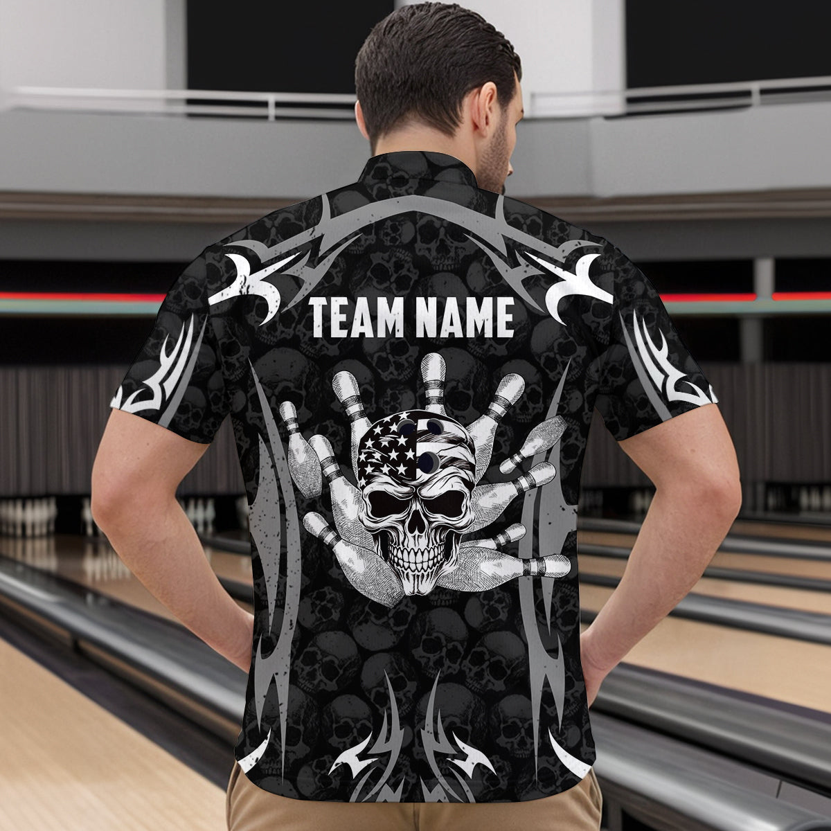 Skull Bowling Shirt for Men Personalized Patriotic Bowling Team Jersey Shirts Polo & Quarter-Zip HNT32