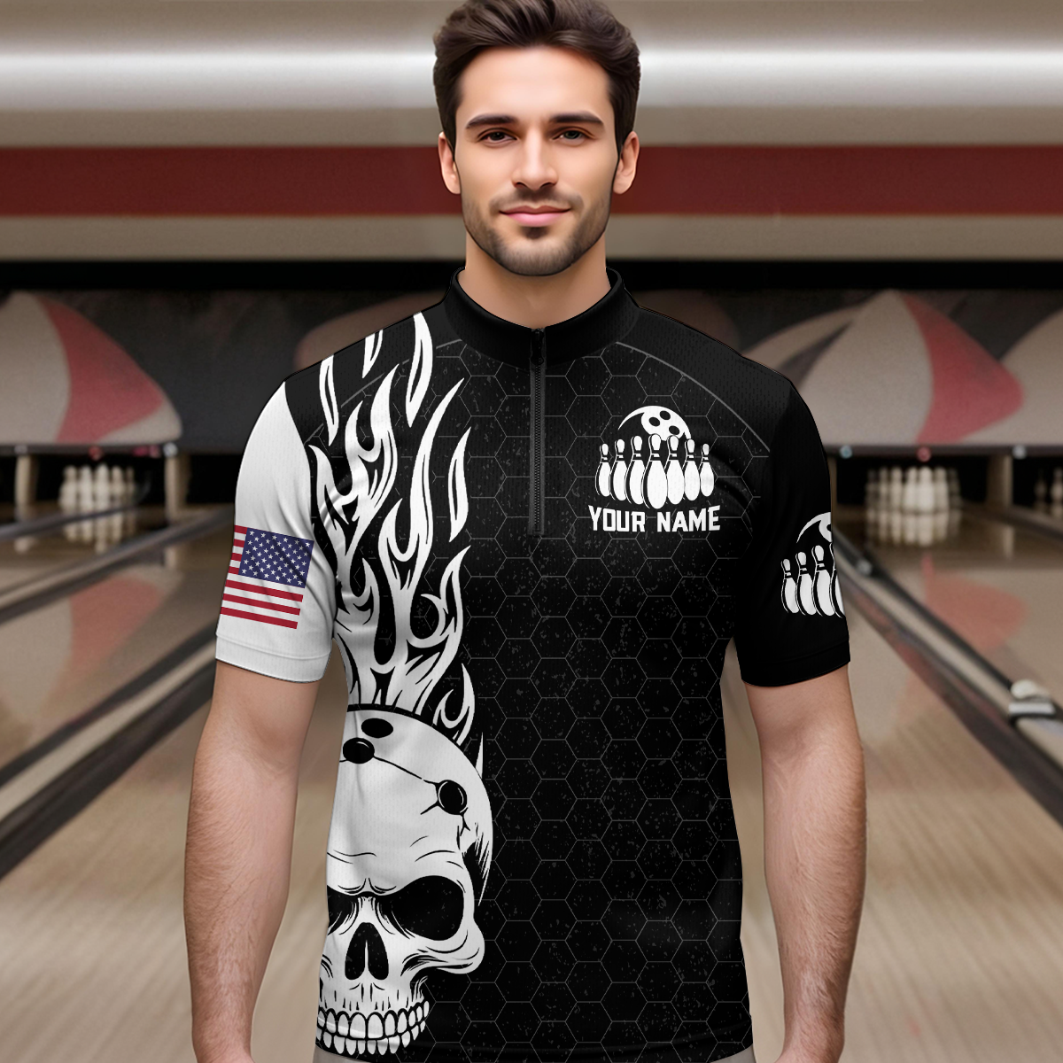 Custom Bowling 1/4-Zip Shirt for Men Women Skull Bowling Jersey Bowling Team League QZT47-4