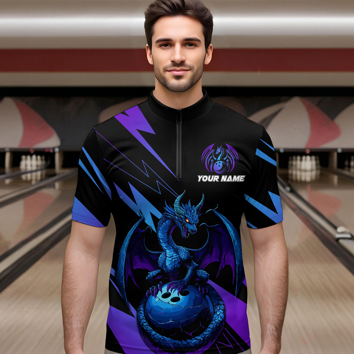 Teal And Purple Dragon Bowling Shirt Custom Name Bowling Jersey Team Bowling Quarter-Zip Shirts QZT674
