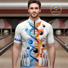 Load image into Gallery viewer, Man wearing custom ice and fire DNA bowling quarter-zip shirt, front view mockup, personalized bowling league jersey.