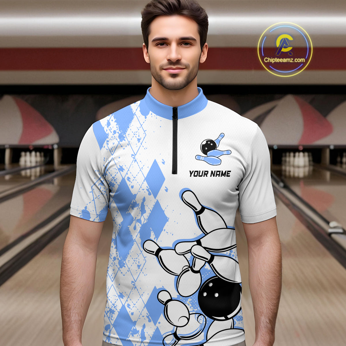 Blue Vintage Bowling Custom Men Bowling Shirt Polo & Quarter-Zip Bowling Team Jerseys HNT68