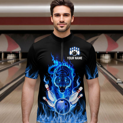 Blue Flaming Tiger Bowling Custom Men Bowling Polo & Quarter-Zip Bowling Team Jerseys HNT46