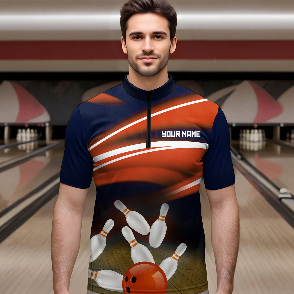 Custom Orange Bowling Jersey Bowling Team Shirts For Men Bowling League Polo & 1/4 Zip HNT163