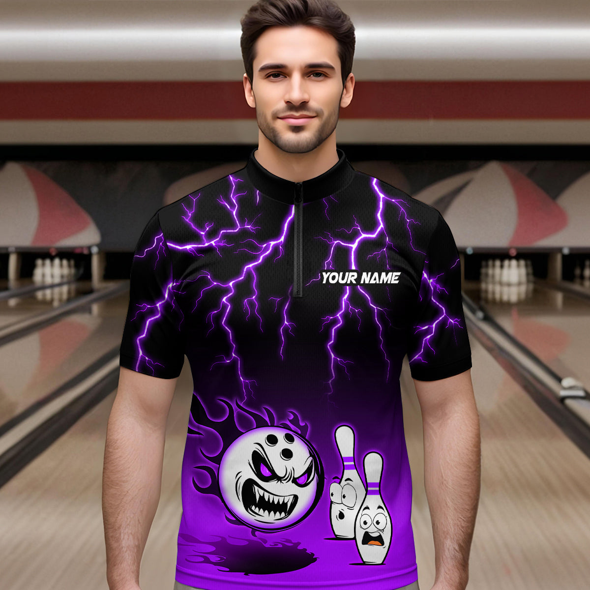 Purple Funny Crazy Bowling Shirt for Men Bowling Jersey Shirts Polo & Quarter- Zip Bowling League HNT17