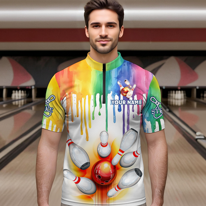 Rainbow Bowling Shirt for Men Women Personalized Quarter-Zip Bowling Jersey Bowling Outfit QZT680