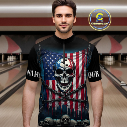 US Flag Skull Bowling Custom Men Bowling Shirt Polo & Quarter-Zip Bowling Team Shirts HNT74