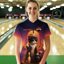 Load image into Gallery viewer, Women’s retro funny cat bowling quarter zip shirt, front view on female model in bowling lane 