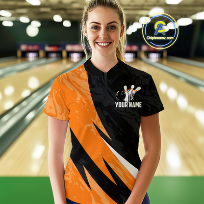 Custom Orange Bowling Custom Women Bowling Shirt Polo & Quarter-Zip Bowling Team Jerseys HNT75