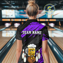 Load image into Gallery viewer, Custom Purple Funny Beer Bowling Jersey for Women Bowling Uniform Polo &amp; 1/4 Zip Bowling Team Shirts HNT107