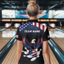 Load image into Gallery viewer, Woman wearing custom american flag with eagle bowling quarter-zip shirt, back view mockup, personalized bowling league jersey.