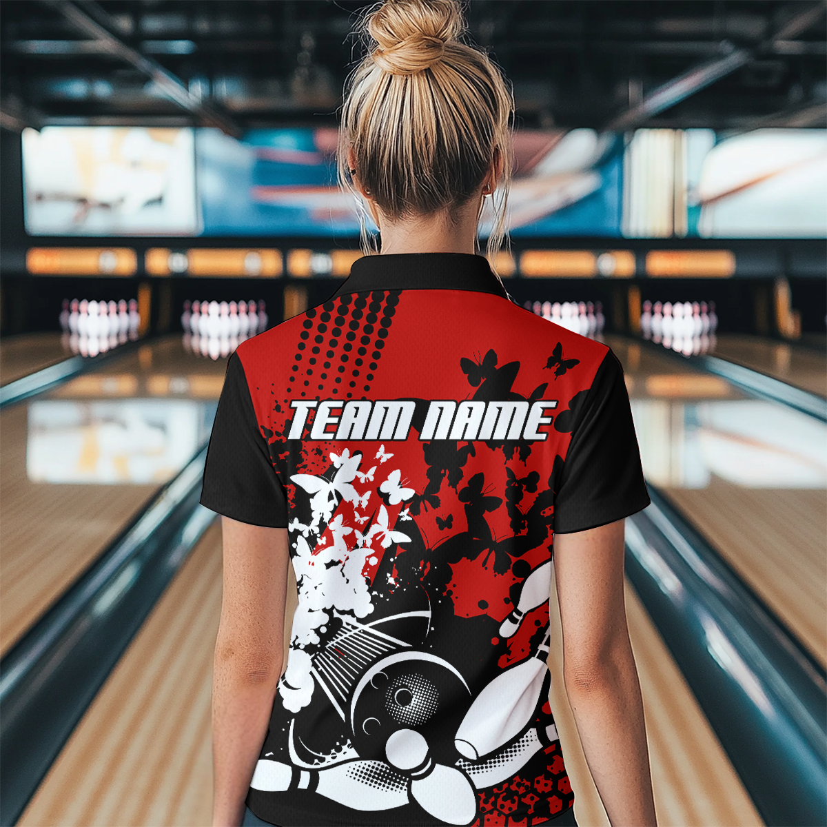 Custom Red Butterflies Bowling Shirts for Men Women Bowling Jersey Team Name MBL79