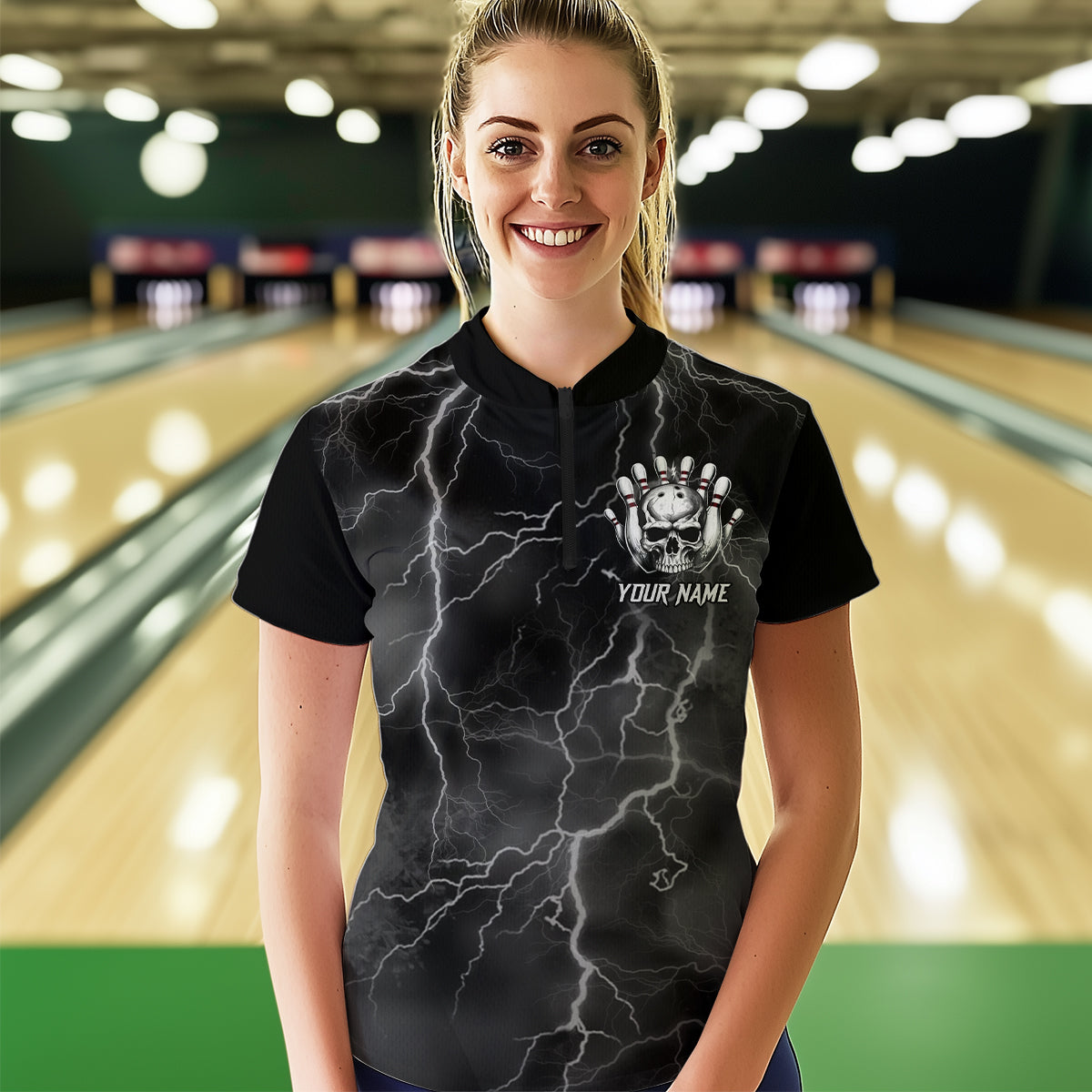 Skull Bowling League Shirt Women Bowling Jersey Team Lightning Thunder Bowling Quarter-Zip Shirt BDT335