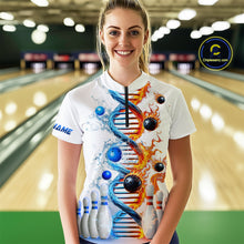 Load image into Gallery viewer, Woman wearing custom ice and fire DNA bowling quarter-zip shirt, front view mockup, personalized bowling league jersey.