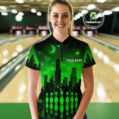 Green Bowling Custom Women Bowling Shirt Polo & Quarter-Zip Bowling Team Jerseys HNT66