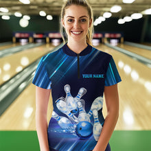 Load image into Gallery viewer, Custom Blue Bowling Jersey for Women Bowling Team Shirts Bowling Uniform Polo &amp; 1/4 Zip HNT162