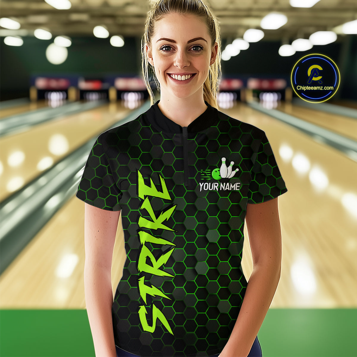 Custom Strike Green Bowling Women Bowling Shirt Polo & Quarter-Zip Bowling Team Jerseys HNT79