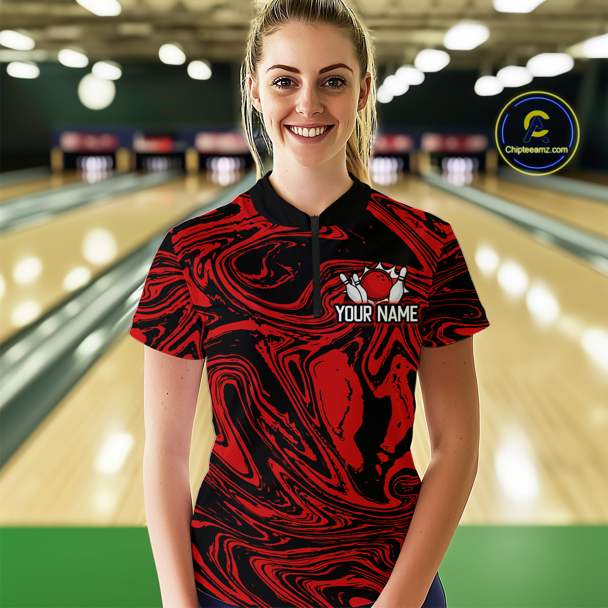 Custom Red Bowling Women Bowling Shirt Polo & Quarter-Zip Bowling Team Jerseys HNT81