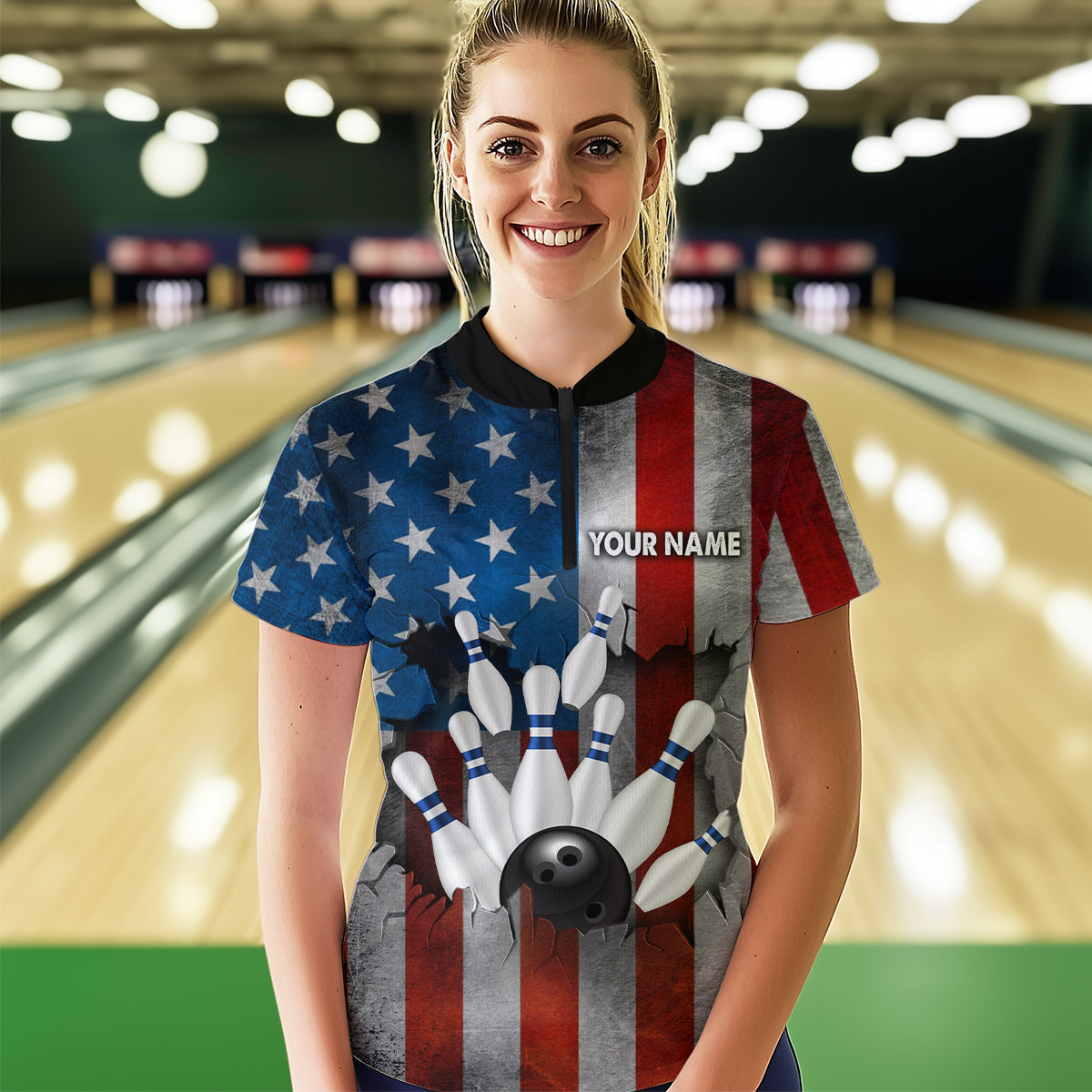 Custom American Flag Bowling Shirts for Men and Women Patriotic Bowling Polo& 1/4 Zip MBL54