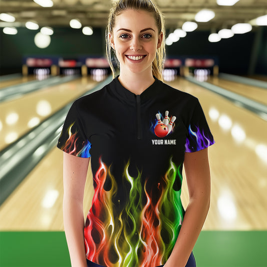 Rainbow Flame Bowling Jersey Women Personalized Bowling Team Shirts Bowling Quarter-Zip Shirt BDT324