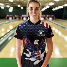 Load image into Gallery viewer, Woman wearing custom american flag with eagle bowling quarter-zip shirt, front view mockup, personalized bowling league jersey.