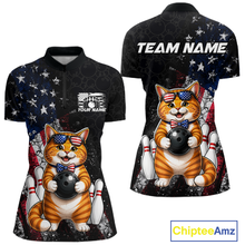 Load image into Gallery viewer, Women quarter zip shirt with a cat bowling design and 'Team Name' text on a black background with American flag pattern.