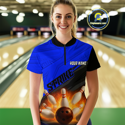 Custom Flaming Blue Bowling Shirts for Women Men Team Bowling Polo & Quarter Zip MBL99