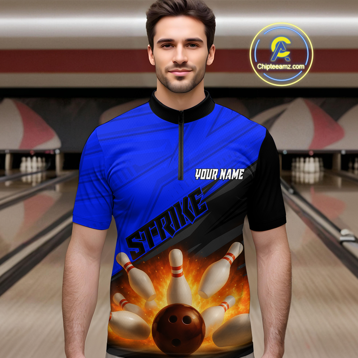 Custom Flaming Blue Bowling Shirts for Women Men Team Bowling Polo & Quarter Zip MBL99