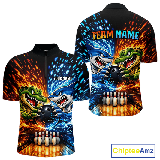 Custom Flame Shark and Alligator Bowling Jersey for Men Bowling Uniform Bowling Team Shirts HNT248
