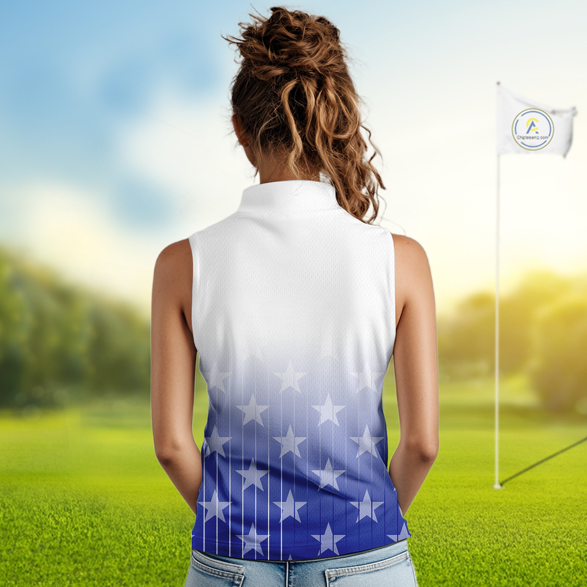 Blue stars pattern white ladies sleeveless golf polos shirts, gifts for the golfer NQS9965