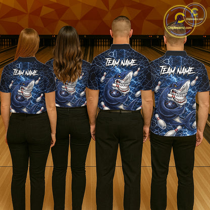 Blue Lightning Thunder Angry Shark Bowling shirts For Men Custom Shark Bowling Team Jerseys NQS11539
