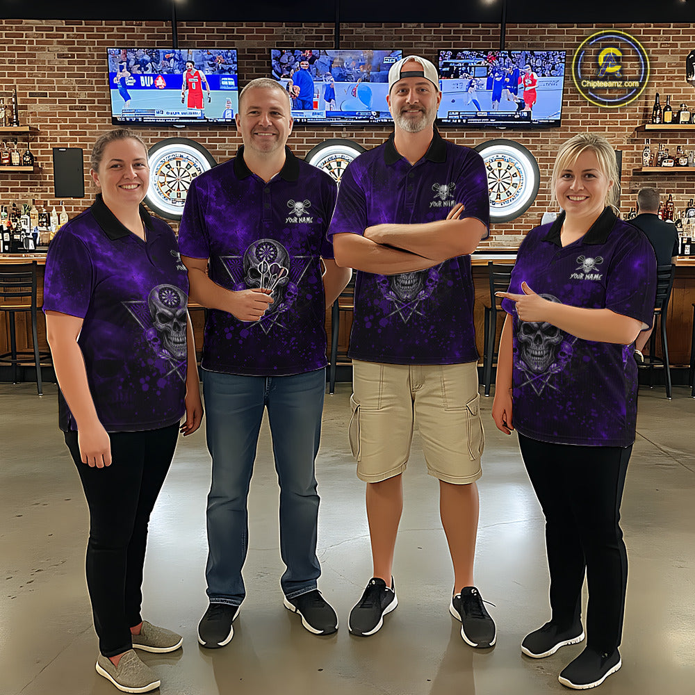 Custom Purple Splatter Multi-Skull Men Darts Arrow Quarter-Zip League Shirts Dart Team Jerseys NYN2202