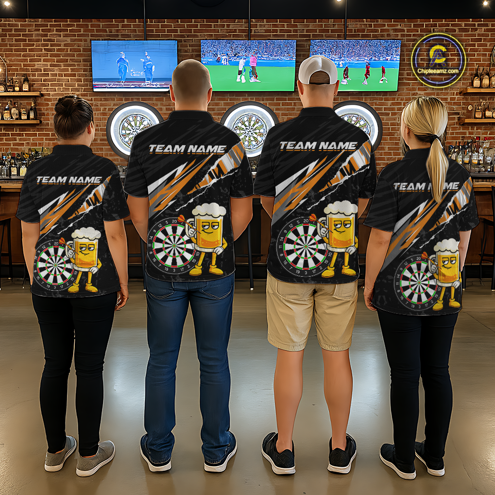 Custom Orange Funny Beer Dart Shirts for Men Darts Team Jerseys Dart Tournament Polo & 1/4 Zip NNT139
