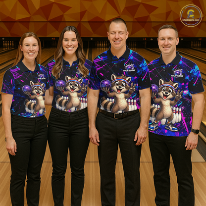 Custom Neon Funny Raccoon Bowling Team Jersey for Men Bowling Shirt Bowling Tournament Polo & 1/4-Zip QZT957