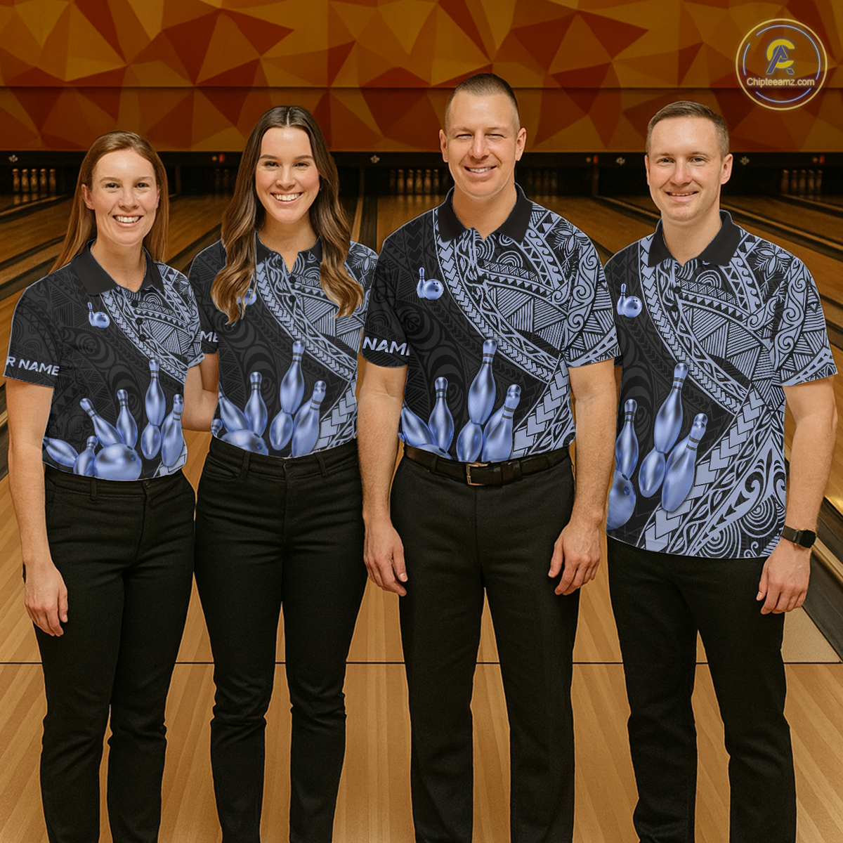 Black and Blue Tribal Pattern Bowling Jersey for Women Bowling Uniform Bowling Team Shirts HNT225