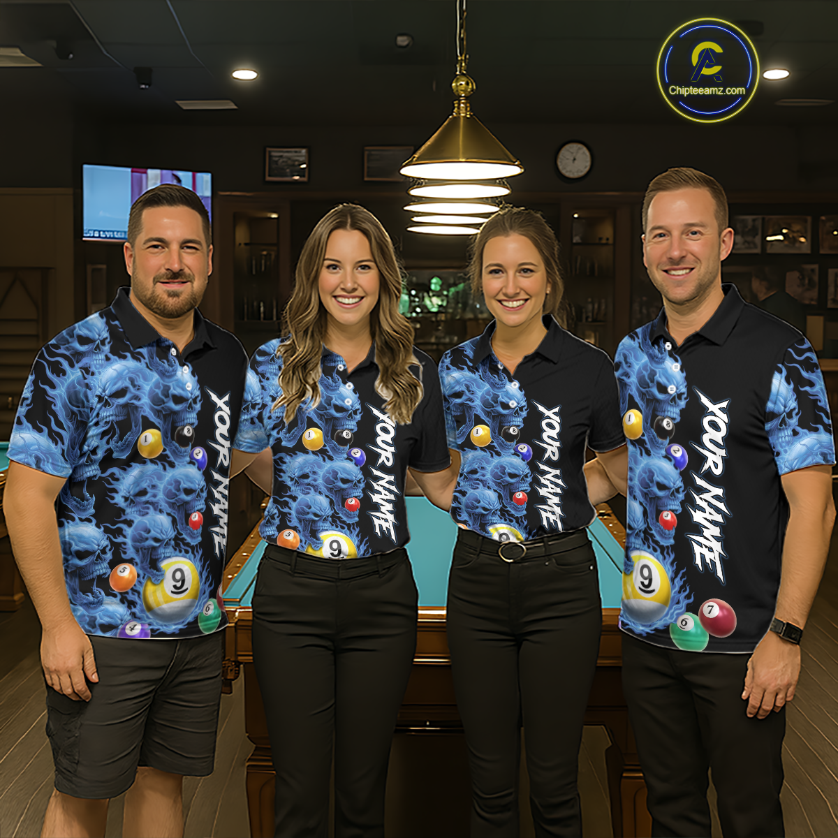 Custom Blue Flame Skull 9 Ball Pool Billiard Shirt for Women Polo & 1/4 Zip, Billiard Team Jerseys NNT159