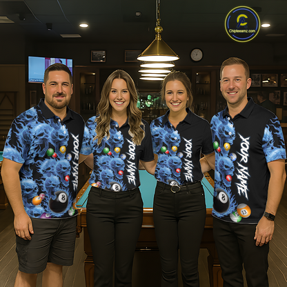 Custom Blue Flame Skull 8 Ball Pool Billiard Shirt for Women Polo & 1/4 Zip, Billiard Team Jerseys NNT160